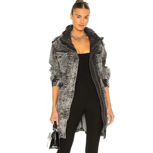 $395 Norma Kamali Cargo Utility Jacket Dress Hooded Zip Denim Black Acid Wash 12 - Picture 3 of 8